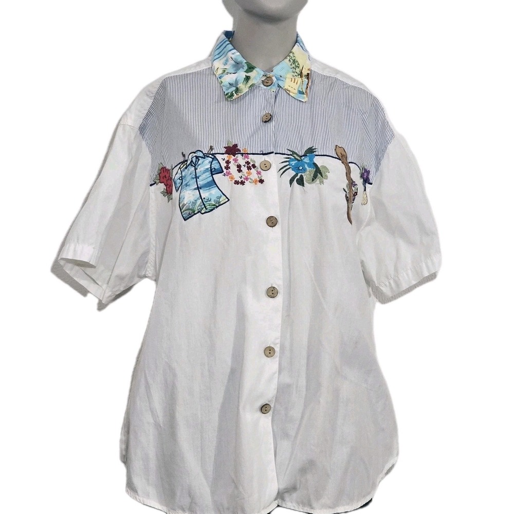 Vintage Bill Blass Shirt Women's Sz M Embroidered Button Up  White Art To Wear
